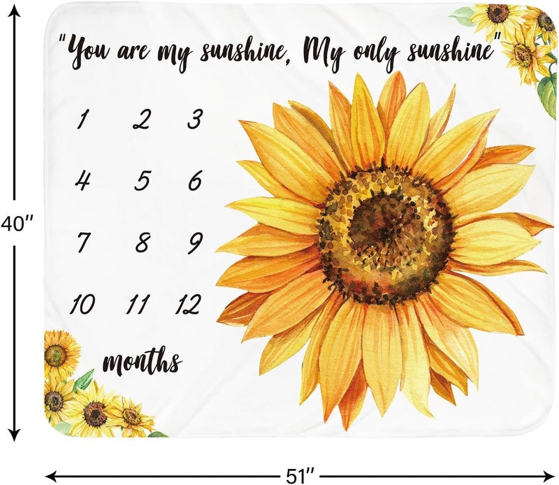 Tebaby Baby Monthly Milestone Blanket Girl - Sunflower Newborn Month Blanket Personalized Shower Gift Floral Nursery Decor Flower Photography Background Prop with Frame Headband Large 51''x40'' - Image 2